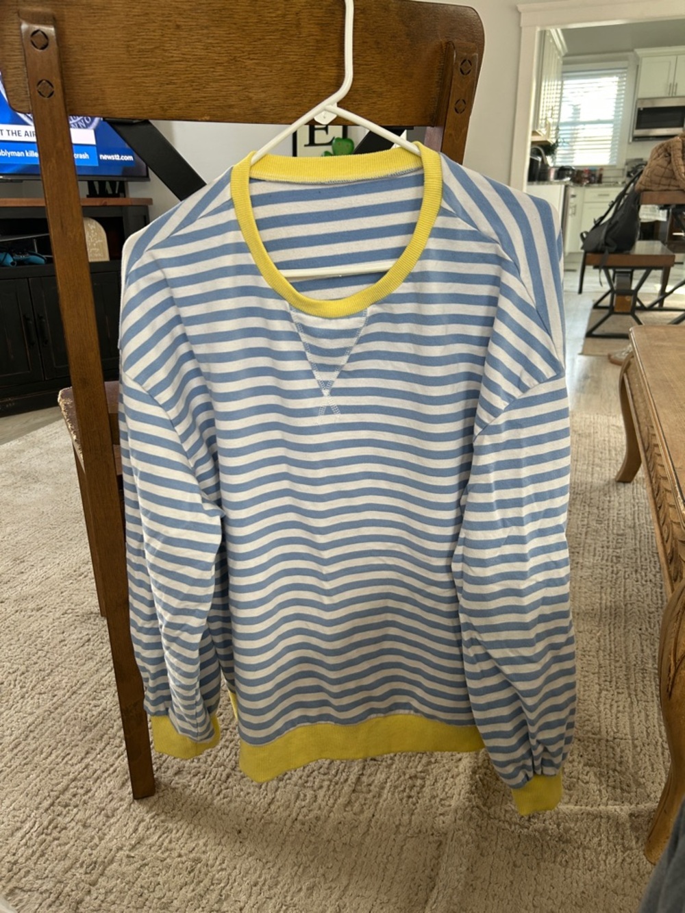 Striped Blue & White Crewneck Sweater with Yellow Trim